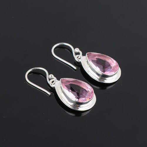 Pink Rose Quartz Gemstone Handmade Earring, 925 Sterling Silver Wedding Earring - Picture 2 of 4