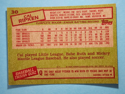 1985 Topps Cal Ripken Jr Baltimore Orioles #30 ⚾ - Picture 2 of 2