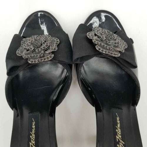 Beverly Feldman Heels 6 Vintage Rhinestone Embellished Bow Black Patent Leather - Picture 8 of 13