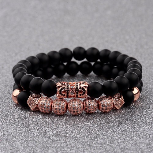 Men's Luxurious Rose Gold 8MM Matte Beads Crown CZ Zircon Balls Hand Bracelets - Picture 2 of 5