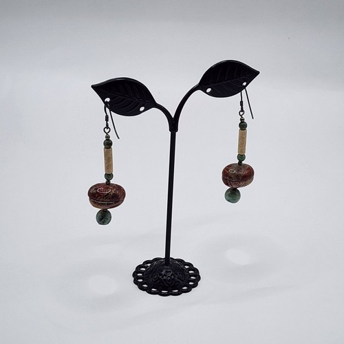 Earthy Jasper and Moss Agate Stone and Bead Dangle Earrings - Picture 4 of 6