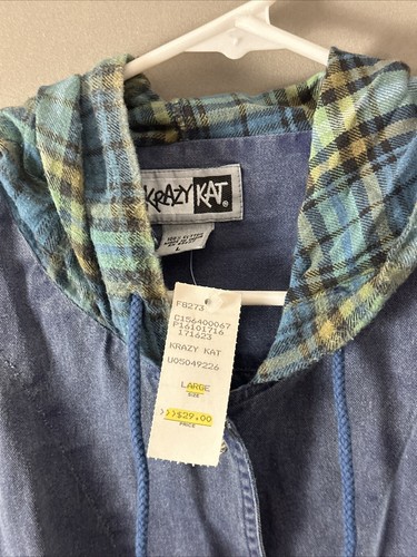 Vintage Krazy Kat Womens Denim Plaid Shirt Hoodie Large Button Down 100% Cotton - Picture 7 of 9