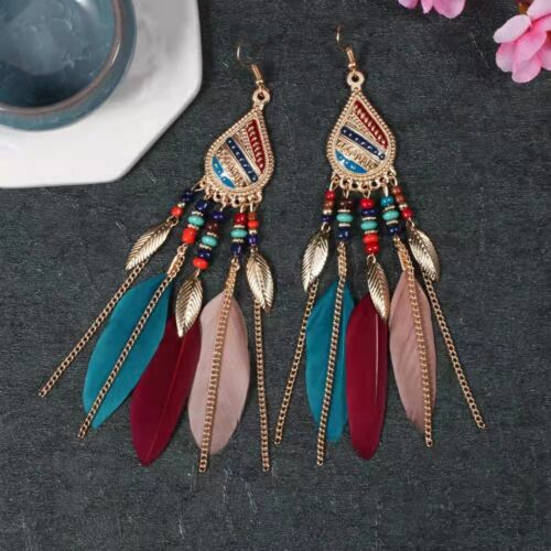 Fashion Women Jewelry Earrings Feather Tassels Leaves Beads BOHO Style Hook Stud - Picture 9 of 10