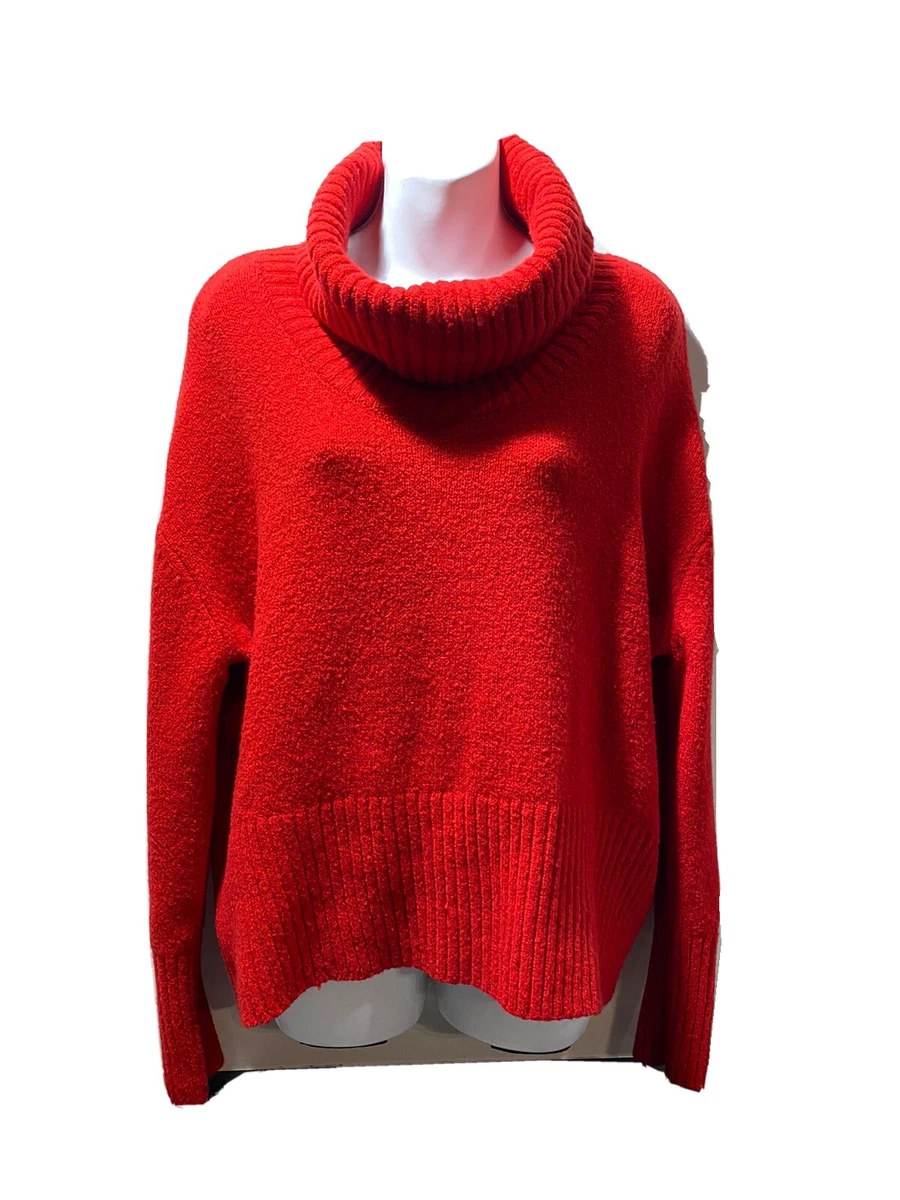 Rachel Zoe Bright Red Boxy Turtleneck Sweater Size Med Thick Corded Waist