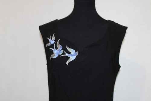Pinup Couture Sz XL Annalise Swing Dress Black w/ Embroidered Blue Swallows USA - Picture 2 of 7