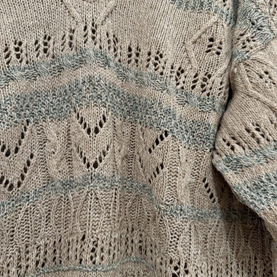 ¡De colección! Suéter Izod Club Lino Algodón Tejido Abierto Azul Beige Cuello en V L Boho Retro Foto 4 de 4