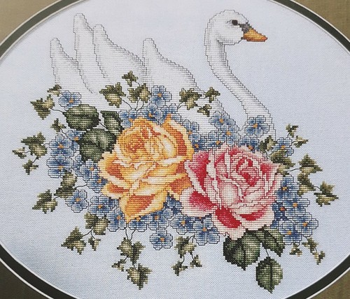 Cross Stitch "SWAN" pattern ~ flowers, roses, bird, ivy