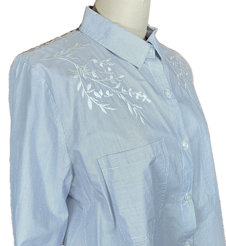 DKNY 100% Cotton Blouse Blue White Stripe Embroidered Roll Tab Sleeve L Large - Picture 2 of 9