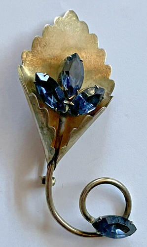 Spilla spilla argento sterling grande bouquet di fiori vintage strass blu intenso - Foto 2 di 8