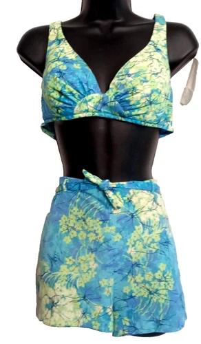 Catalina Bikini Swimsuit size 14 High Waist Belted Shorts + Bra Blue Print VTG