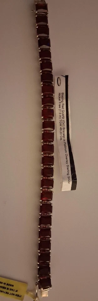 Blazing red Quartz Bracelet Platinum overlay sterling Silver Nickel free 7.5in  - Image 2 of 3