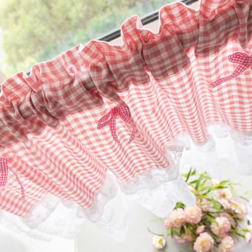 Pink and White Buffalo Check Plaid Tier Curtains Floral Lace Semi Sheer - Picture 6 of 7