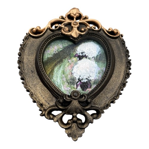 Two Sheep in floral landscape Giclee fine art print in mini vintage style frame - Picture 2 of 4