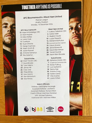 AFC Bournemouth 24-25 Season Home Domestic Competions & Friendly A4 Team Sheets - Bild 38 von 63