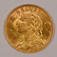 1947 Switzerland 20 Francs Helvetia Gold Coin