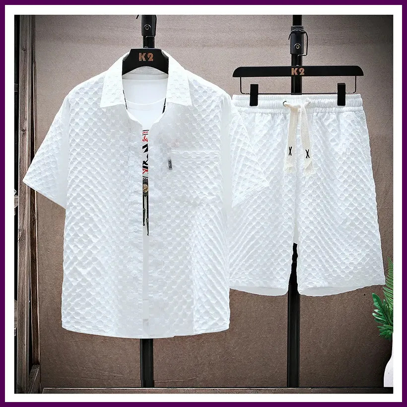 Verano Hombres Conjuntos Camisas Cortas Pantalones Cortos 2 Piezas Informales Sólidos Manga Corta