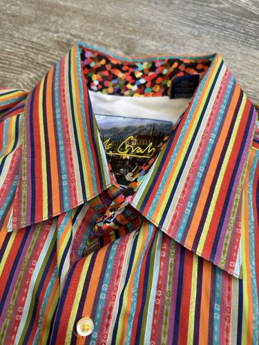 Robert Graham Flip Cuff Button Front Shirt 2XLB Striped Silk Trim Bunt Herren - Bild 6 von 7
