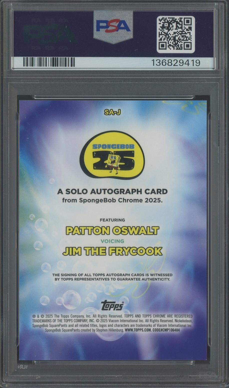 2025 Topps Chrome SpongeBob Sapphire Solo Autograph Patton Oswalt AUTO PSA 9 view 2