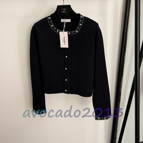 Cárdigan negro tejido manga larga cuello redondo botón perlas Sandro para mujer - Imagen 1 de 9