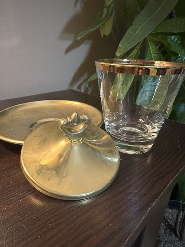 Vintage Glass Gold Condiment Jam Jar Serving Set Spoon Saucer by Kromex 4" MCM - Picture 4 of 11