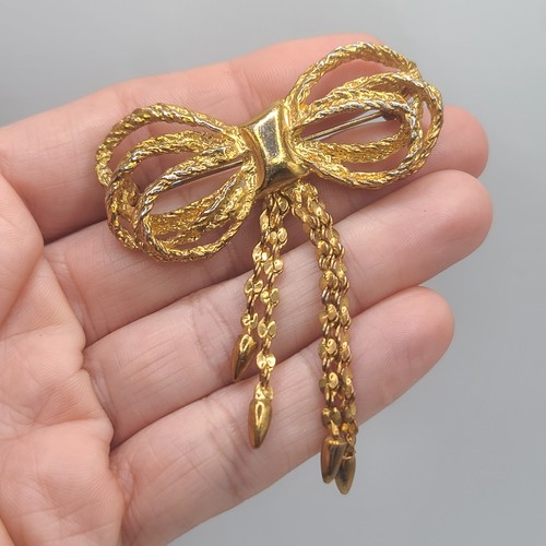 Vintage Bow Brooch Braided Tassels Gold Tone READ - Picture 1 of 11