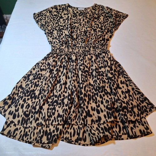 Sienna Sky Leopard Print V Neck A Line Mini Dress Smocked Waist Maximalism Sz S - Picture 13 of 13