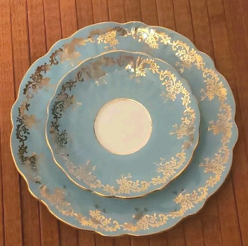 Piattino insalata Ansley England Fine Bone China blu e oro bordo oro viola - Foto 1 di 9
