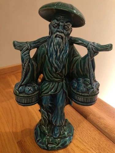 Inarco Mood Indigo Blue Chinese Mudman / Yoke Bearer / Wise Man Ceramic Figurine