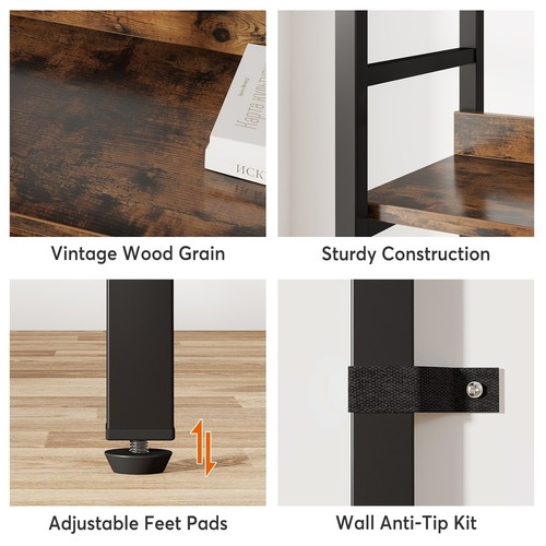 Double Wide Bookshelf, 5-Tier Industrial Etagere Bookcase Rustic Brown with Blac - Picture 5 of 5
