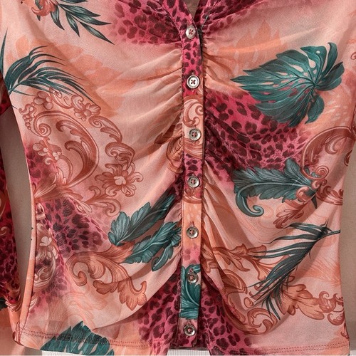 GUESS Los Angeles Sheer Button up Pink Leopard Abstract Floral Print Blouse Top - Picture 6 of 9