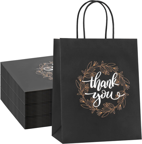 Sacchetti regalo grazie sfusi 50 pezzi 8x4,75x10 pollici sacchetti di carta kraft neri medi con - Foto 11 di 12