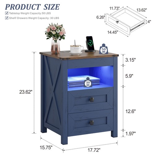 Nightstand with Gun Drawer, Bedside Table with Charging Station and LED Lights - Picture 3 of 25