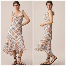 Anthropologie Sleeveless Ruffled V Neck Midi Dress Floral Embroidered Large