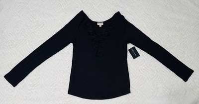Hem & Thread Black Lace Top Women s Large NWT Summer Boutique Long Sleeve Blouse