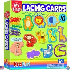KRAFUN Safari Animal Lacing Kit   10 Fun Lacing Cards to Boost Toddlers' Skills