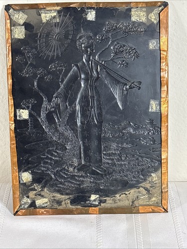 Sombrilla de mujer asiática vintage arte de pared de cobre 12x9 relieve de metal mecanizado a mano - Imagen 8 de 8