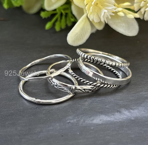 Set 6 anelli impilabili in argento sterling, anelli impilabili, anelli a fascia in argento tutte le dimensioni - Foto 2 di 8
