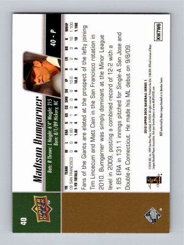 Madison Bumgarner 2010 Upper Deck Star Rookie #40 RC FHOF NM or Better - Bild 2 von 2
