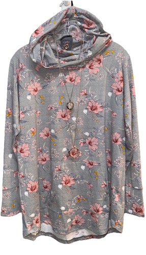 NWT LuLaRoe Large Gray Pink White Blue Floral Knit Amber Hooded SWEATSHIRT - Picture 3 of 8