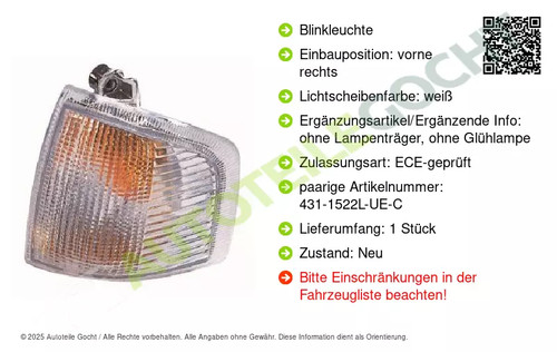 Blinker Blinkleuchte für Ford Escort 85-90 Vorne Rechts Beifahrerseite Abakus - Foto 2 di 8