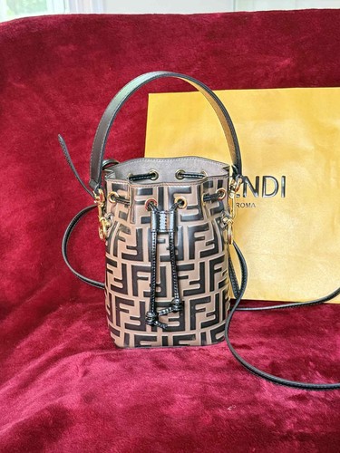 Authentic Fendi Small Mon Tresor Bucket Bag Brown Calfskin Hand Painted FF Moitf - Picture 2 of 13