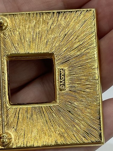 VTG MONET Gold Tone Green Blue Enamel retro Square Geometric Brooch earrings set - Picture 14 of 17