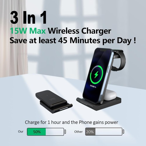 Wireless Charger iPhone Charging Station 3 in 1 Applee Phone Watch Black - Picture 2 of 8