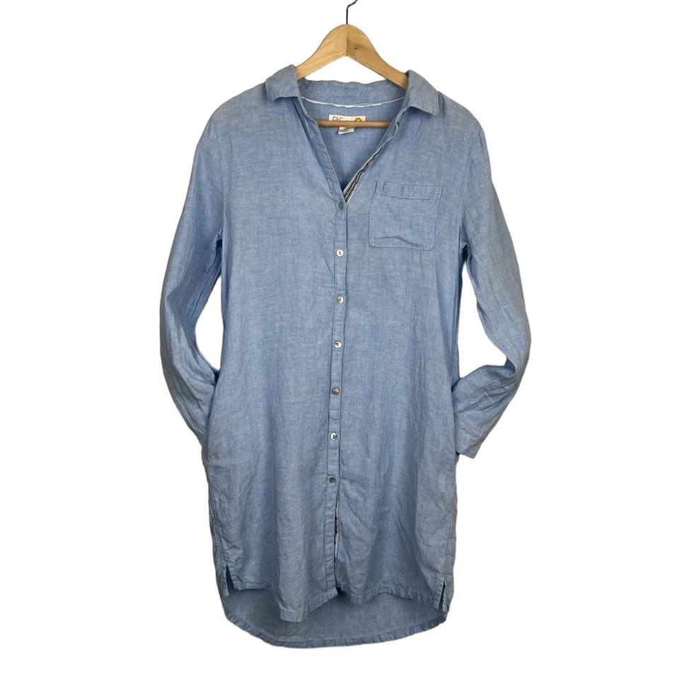 Camisa C&C California Mujer Mediana Azul Lino Camisa Vestido Preppy Hamptons Playa Foto 2 de 4