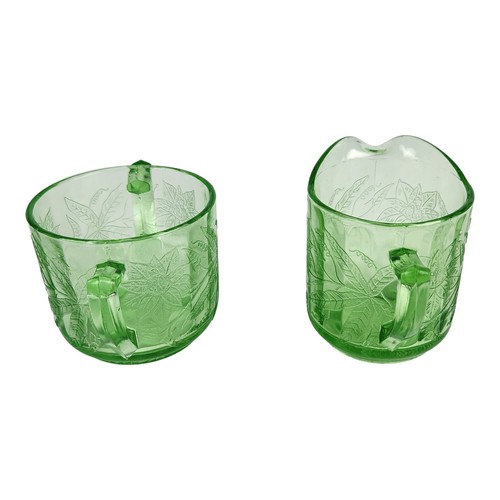 JEANNETTE Floral Pattern Green Depression Glass Open Sugar & Cream ca 1931-35 - 第 4/7 張圖片