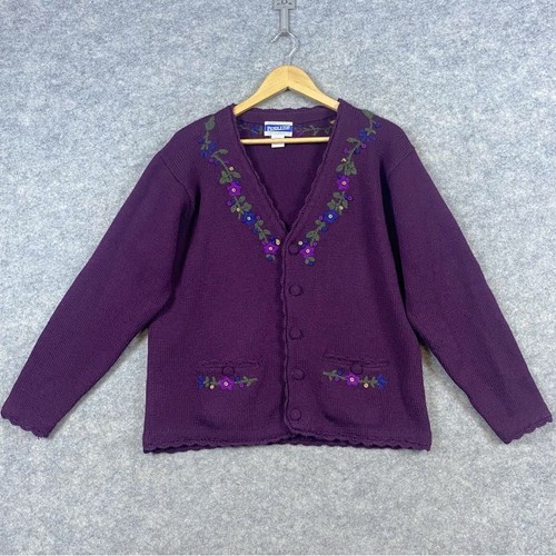 Pendleton 100% Schurwolle Strickjacke Pullover Gr. XL lila Blumenstickerei