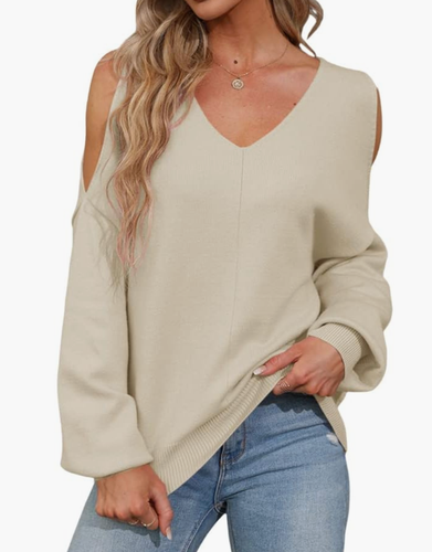 Damen Cold Shoulder Pullover Oversize Fledermaus Langarm Grobstrick Beige S