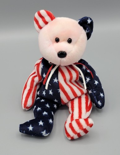 TY Beanie Baby patriotisch rosa Gesicht ""Spangle"" Bär in Vitrine 1999 Geburtsschild - Bild 3 von 13