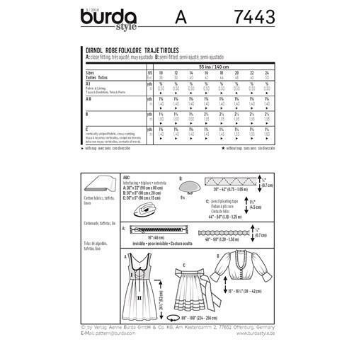Burda Sewing Pattern 7443 Misses Ladies Dirndl Dress Costume Size 10-24 Uncut - Bild 2 von 3