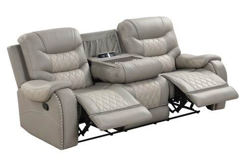 LUXURY Two-Tone 3PC Gray Beige Sofa Loveseat Chair Leather Living 5-Recliner Set - Picture 4 of 9